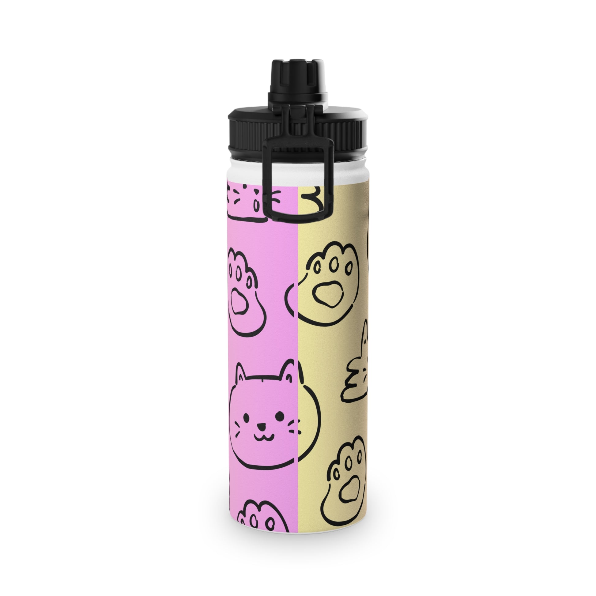 Water bottle with pink and yellow design on a white background