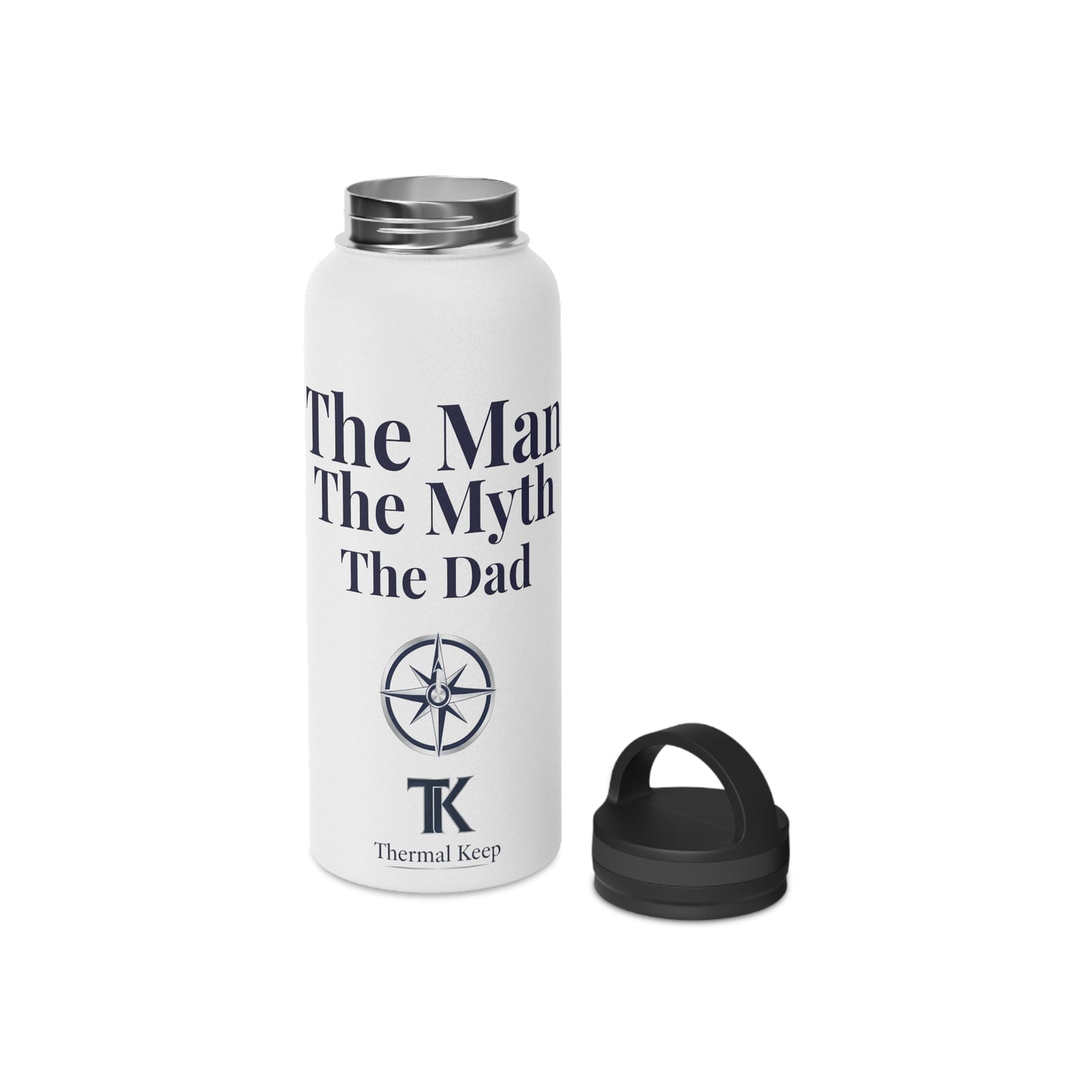 White water bottle with 'The Man, The Myth, The Dad' text and Thermal Keep logo on a white background