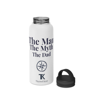 White water bottle with 'The Man, The Myth, The Dad' text and Thermal Keep logo on a white background