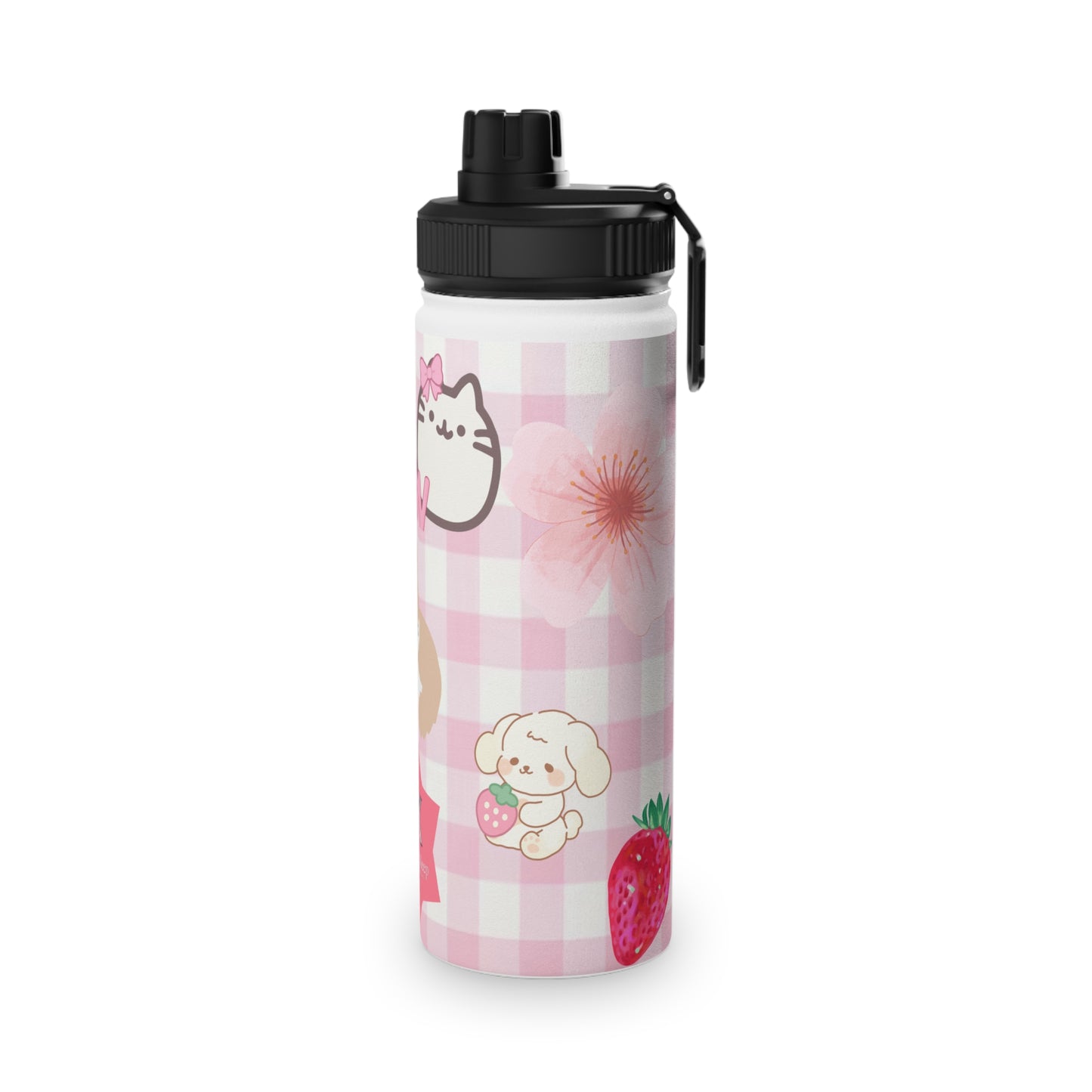 Cute Pink Kawaii Cat & Fruit Stainless Steel Water Bottle (Sports Lid)
