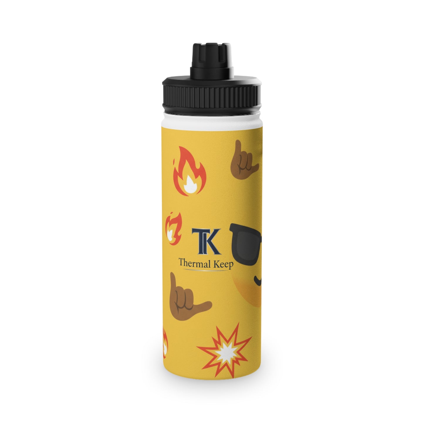 Emoji Pattern Stainless Steel Water Bottle — Yellow Cool Face & Flames Sports Lid