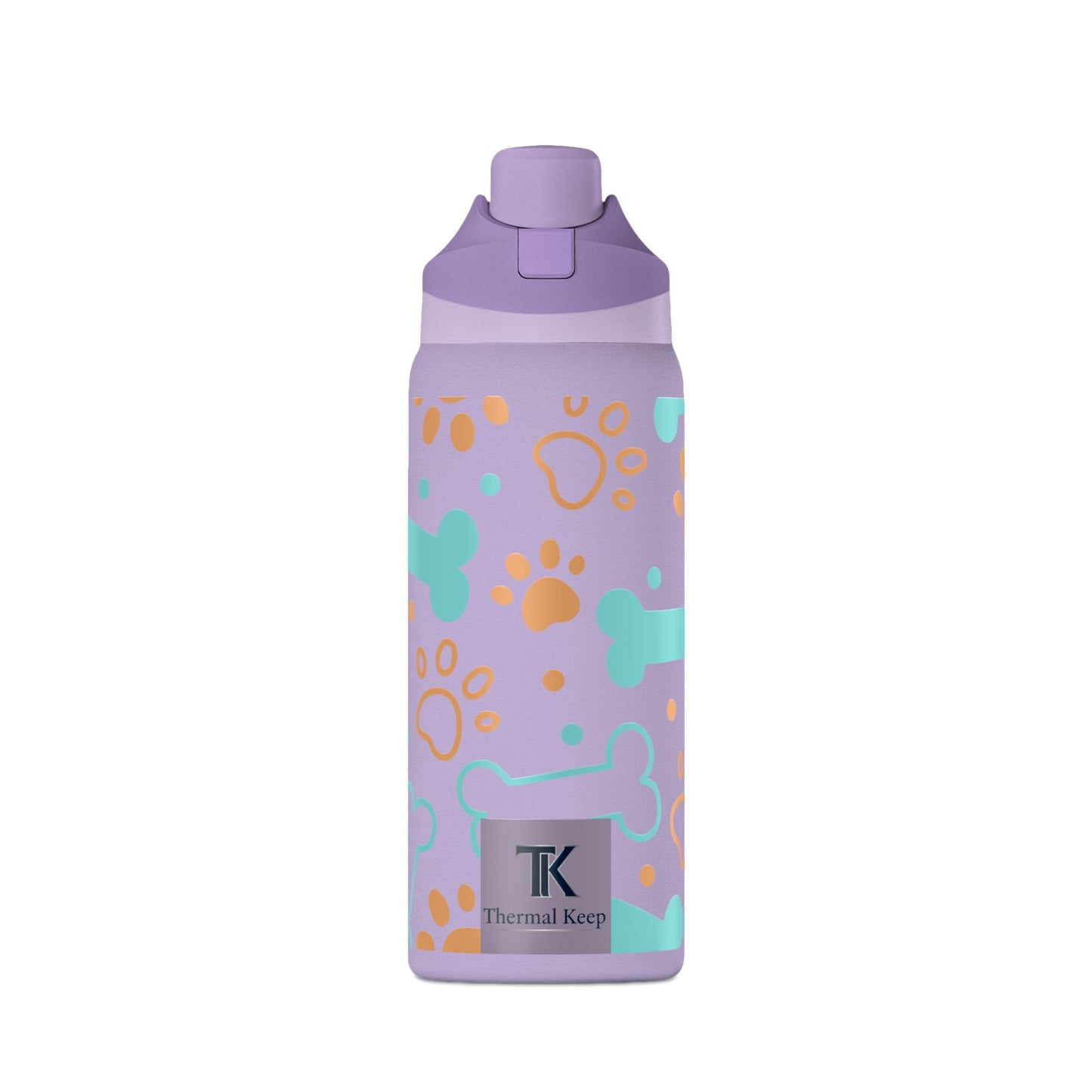 Purple water bottle with paw print design on a white background
