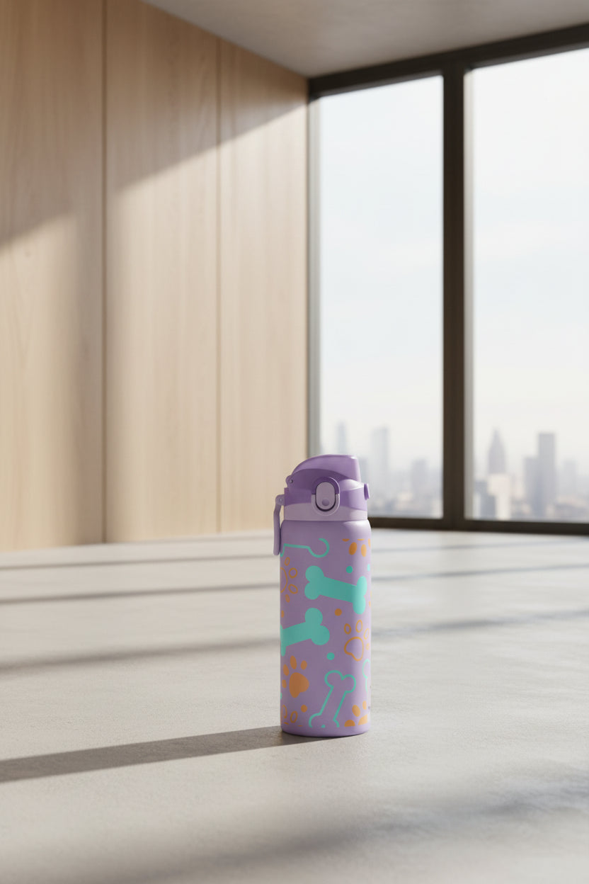 Purple water bottle with dog bone and paw print pattern on a white background