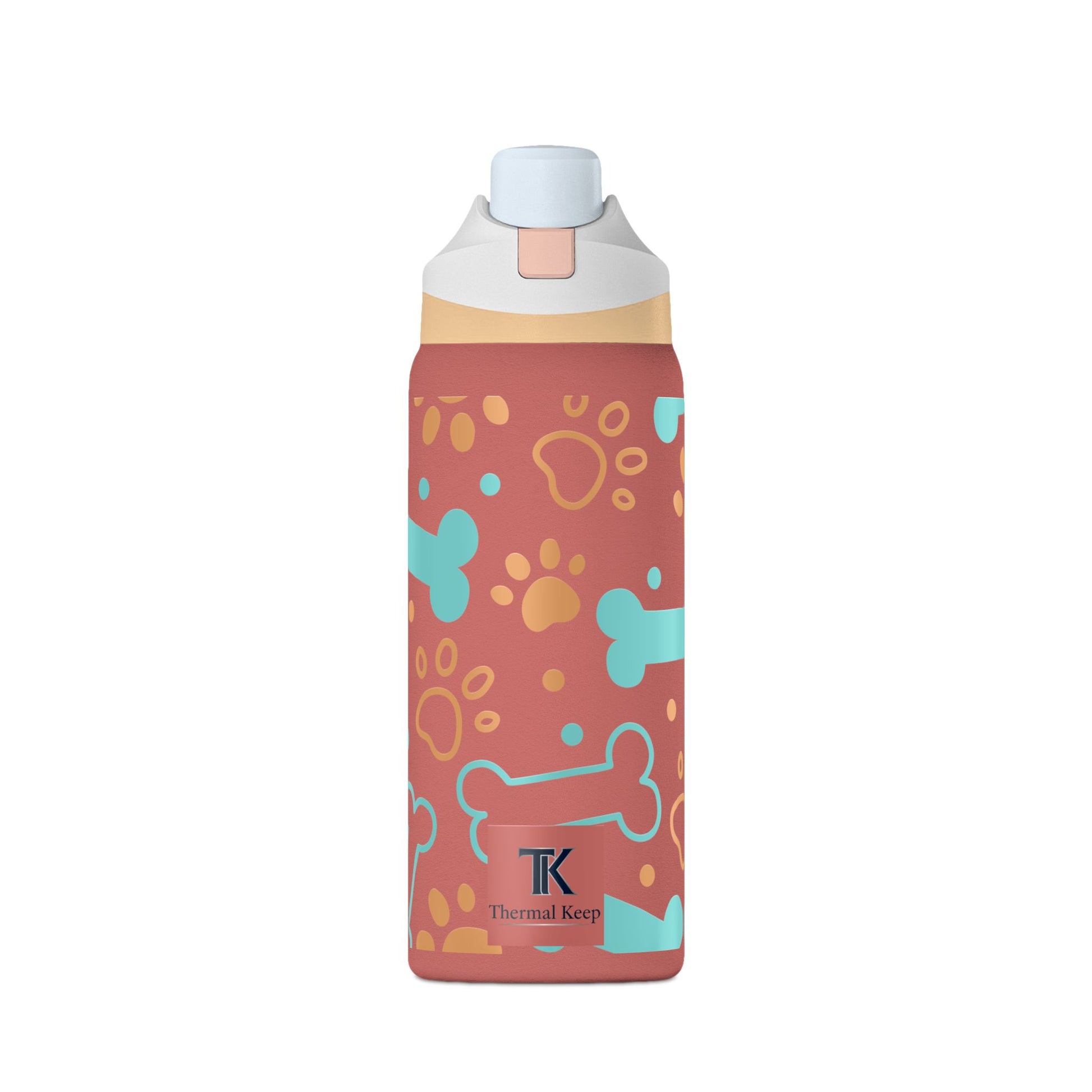 Thermal keep bottle with dog paw and bone pattern on a white background