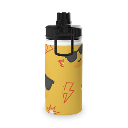 Emoji Pattern Stainless Steel Water Bottle — Yellow Cool Face & Flames Sports Lid
