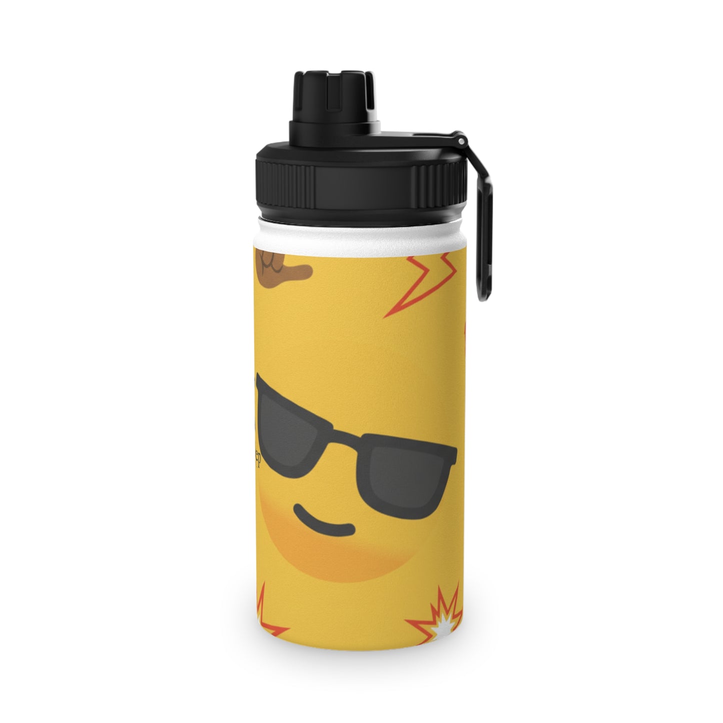 Emoji Pattern Stainless Steel Water Bottle — Yellow Cool Face & Flames Sports Lid