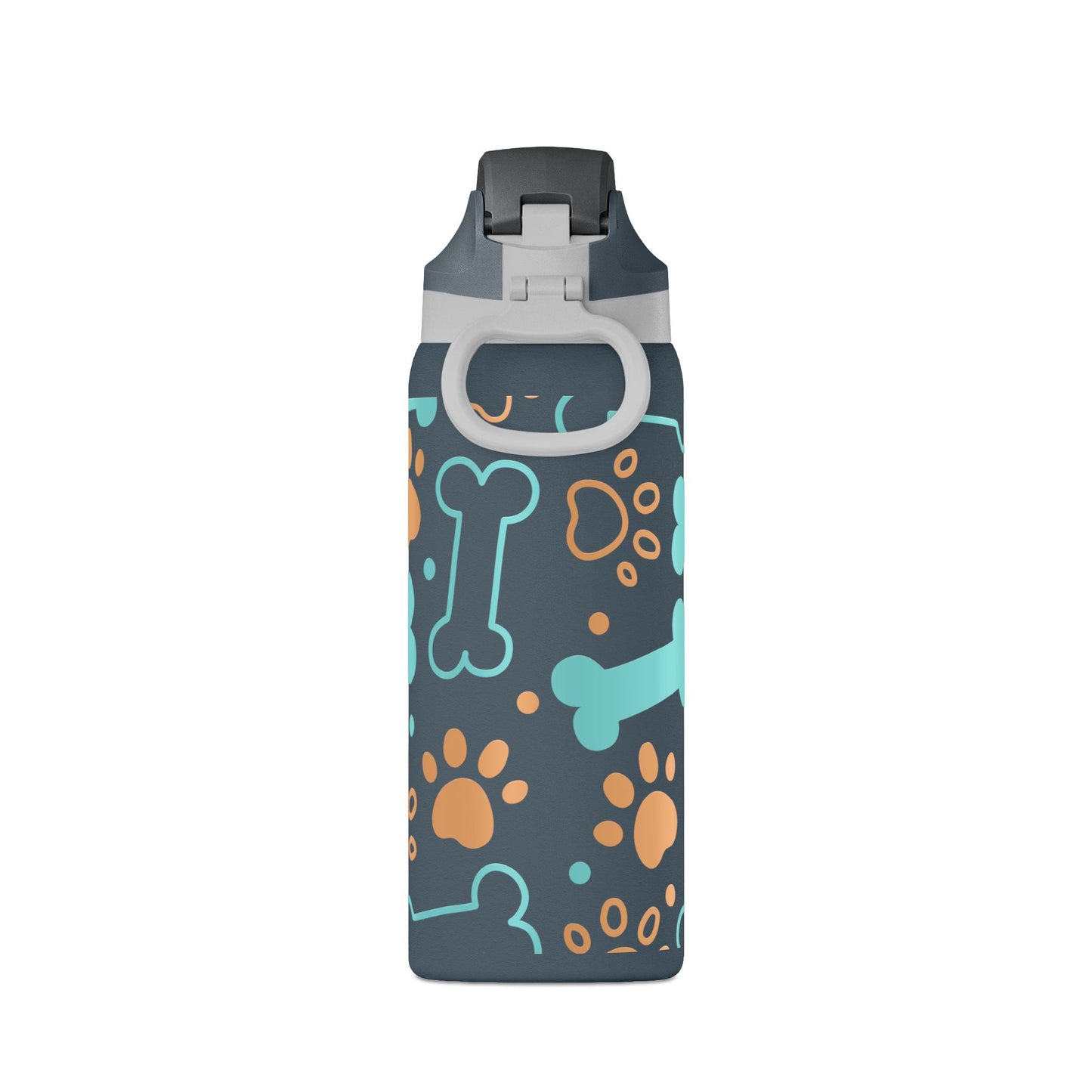 Water bottle with a colorful dog bone and paw print pattern on a gray background
