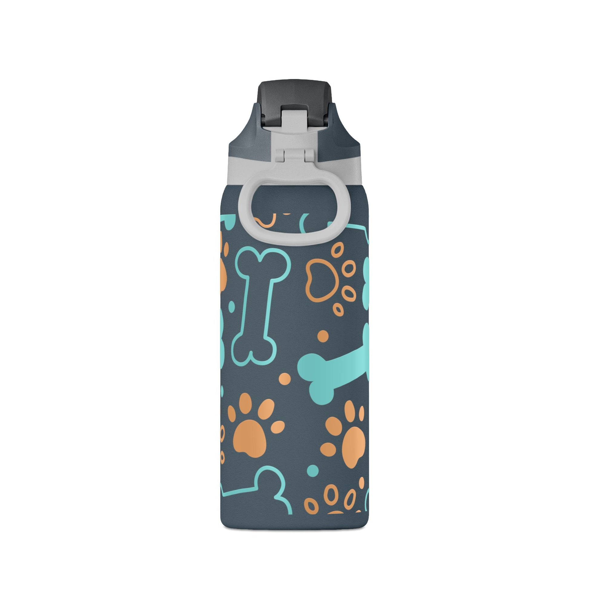 Water bottle with a colorful dog bone and paw print pattern on a gray background
