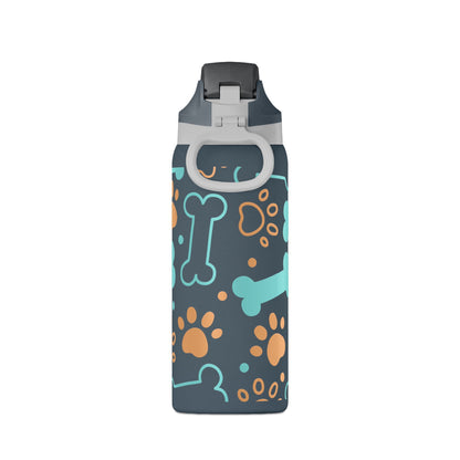 Water bottle with a colorful dog bone and paw print pattern on a gray background