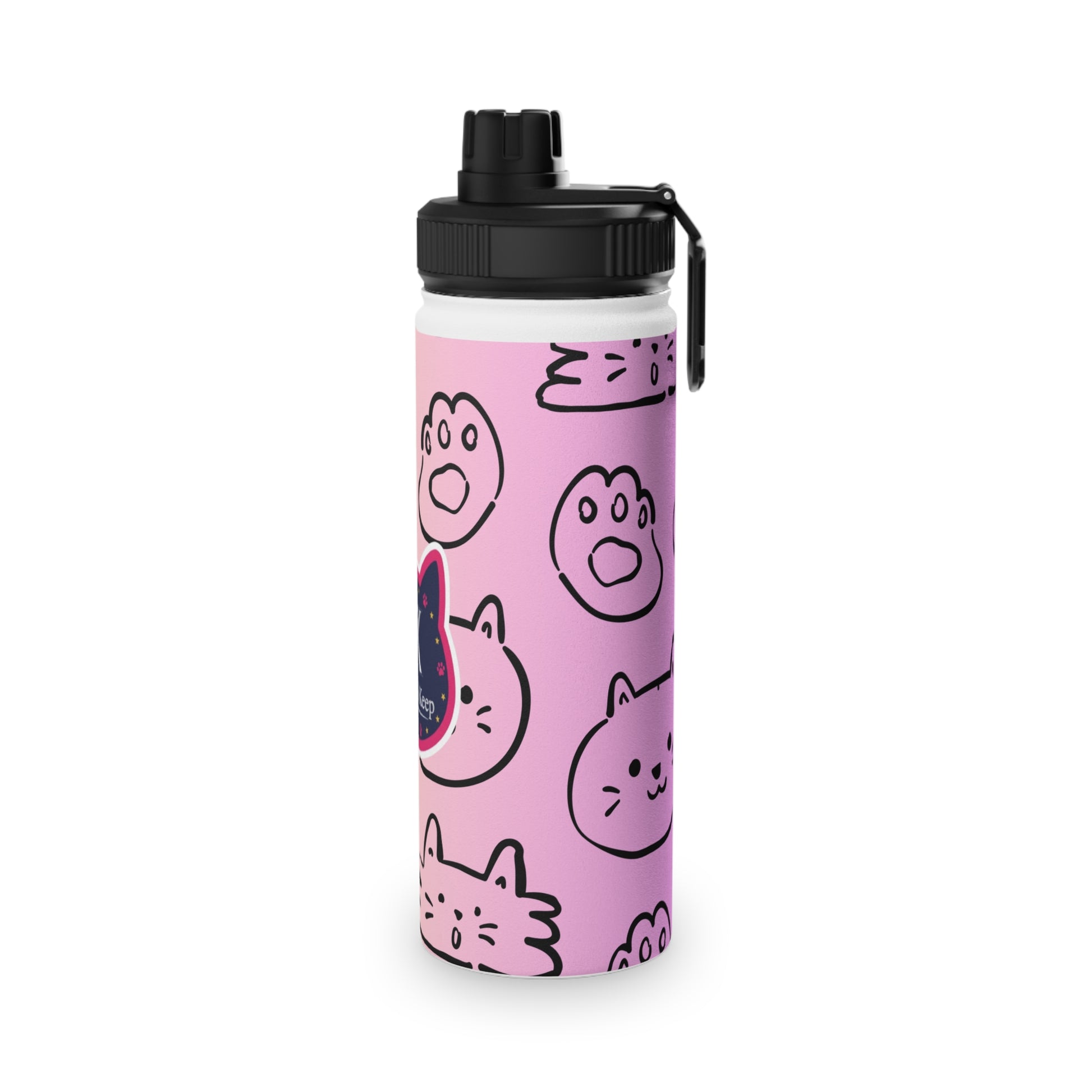 Pink water bottle with black cat illustrations on a white background