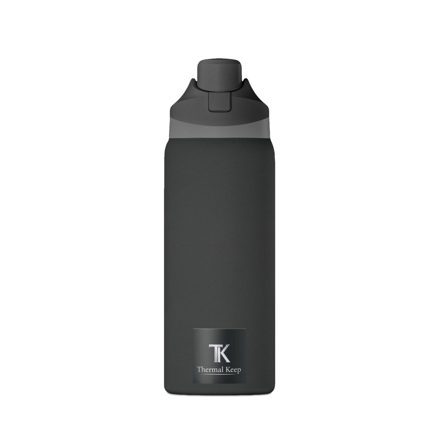 Black insulated bottle with TK Thermal Keep logo on a white background