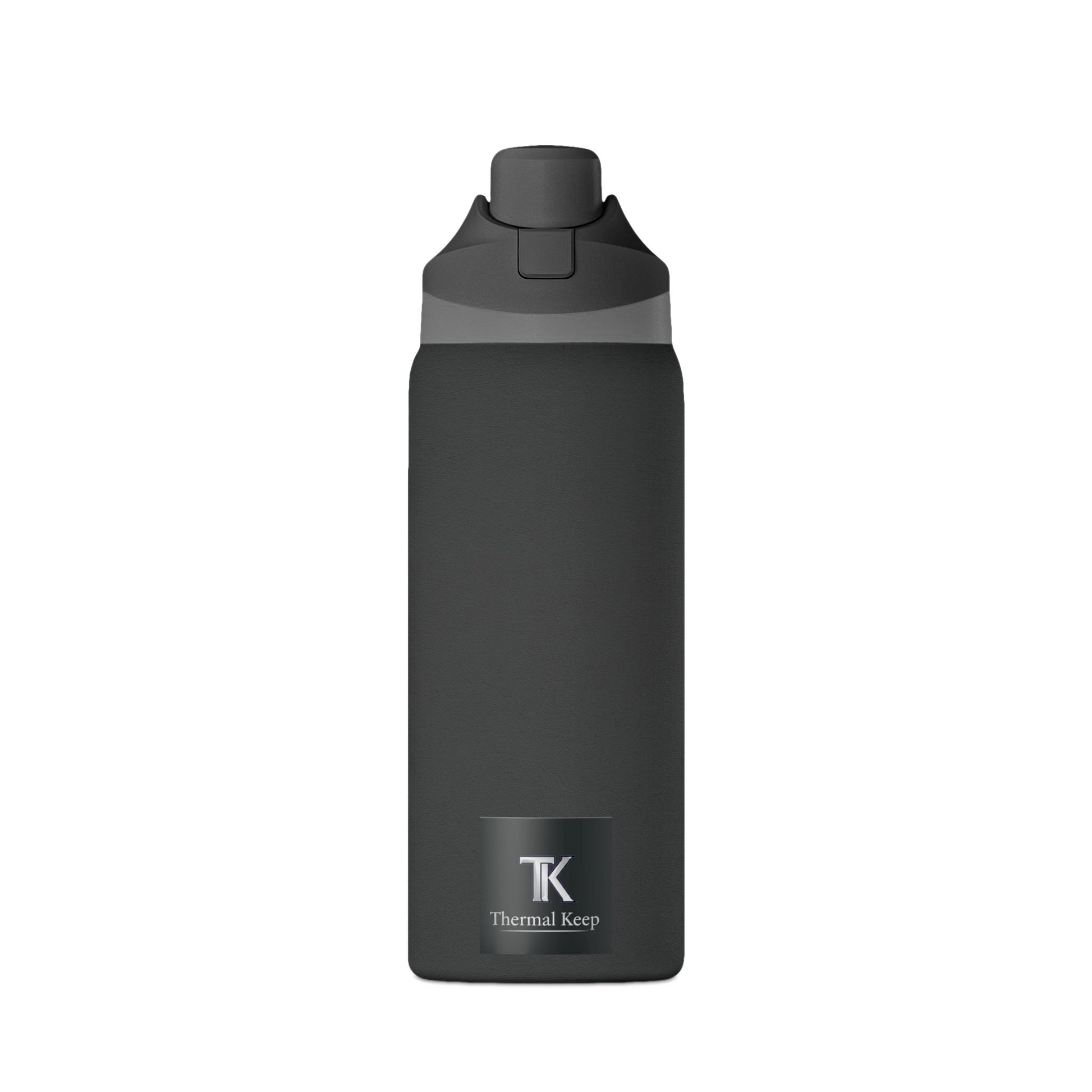 Black insulated bottle with TK Thermal Keep logo on a white background