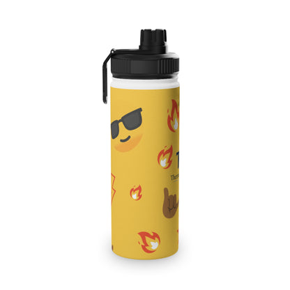 Emoji Pattern Stainless Steel Water Bottle — Yellow Cool Face & Flames Sports Lid