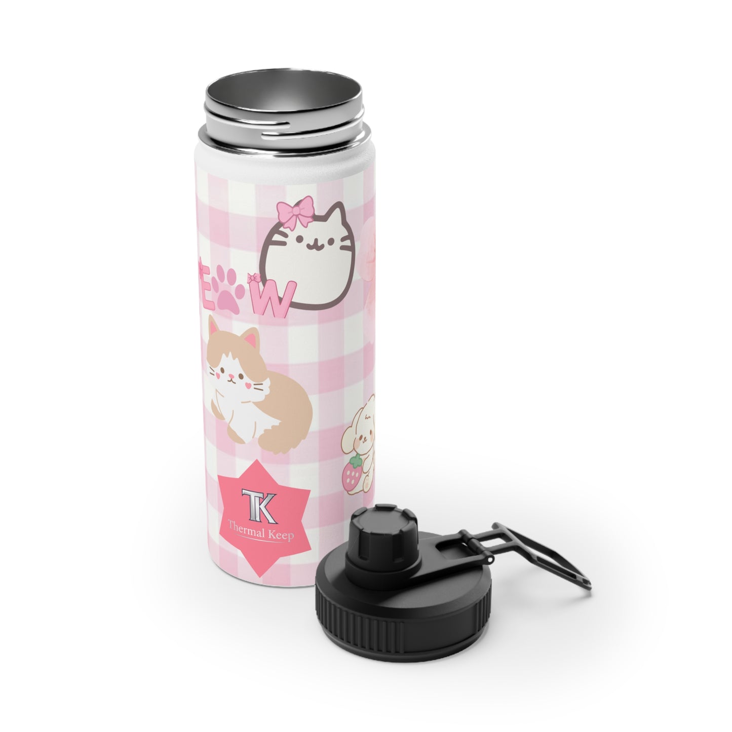 Cute Pink Kawaii Cat & Fruit Stainless Steel Water Bottle (Sports Lid)