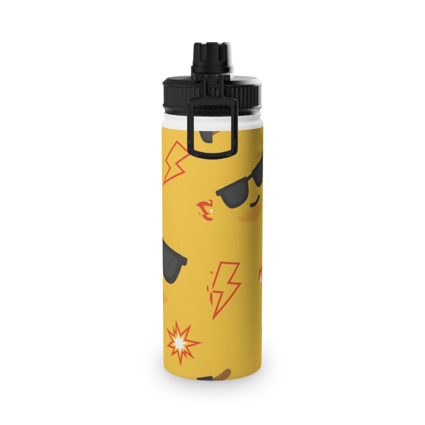 Emoji Pattern Stainless Steel Water Bottle — Yellow Cool Face & Flames Sports Lid