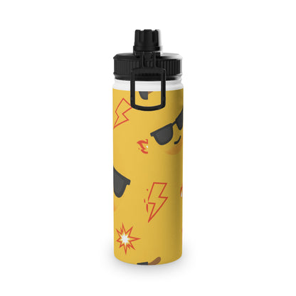 Emoji Pattern Stainless Steel Water Bottle — Yellow Cool Face & Flames Sports Lid