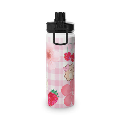 Cute Pink Kawaii Cat & Fruit Stainless Steel Water Bottle (Sports Lid)