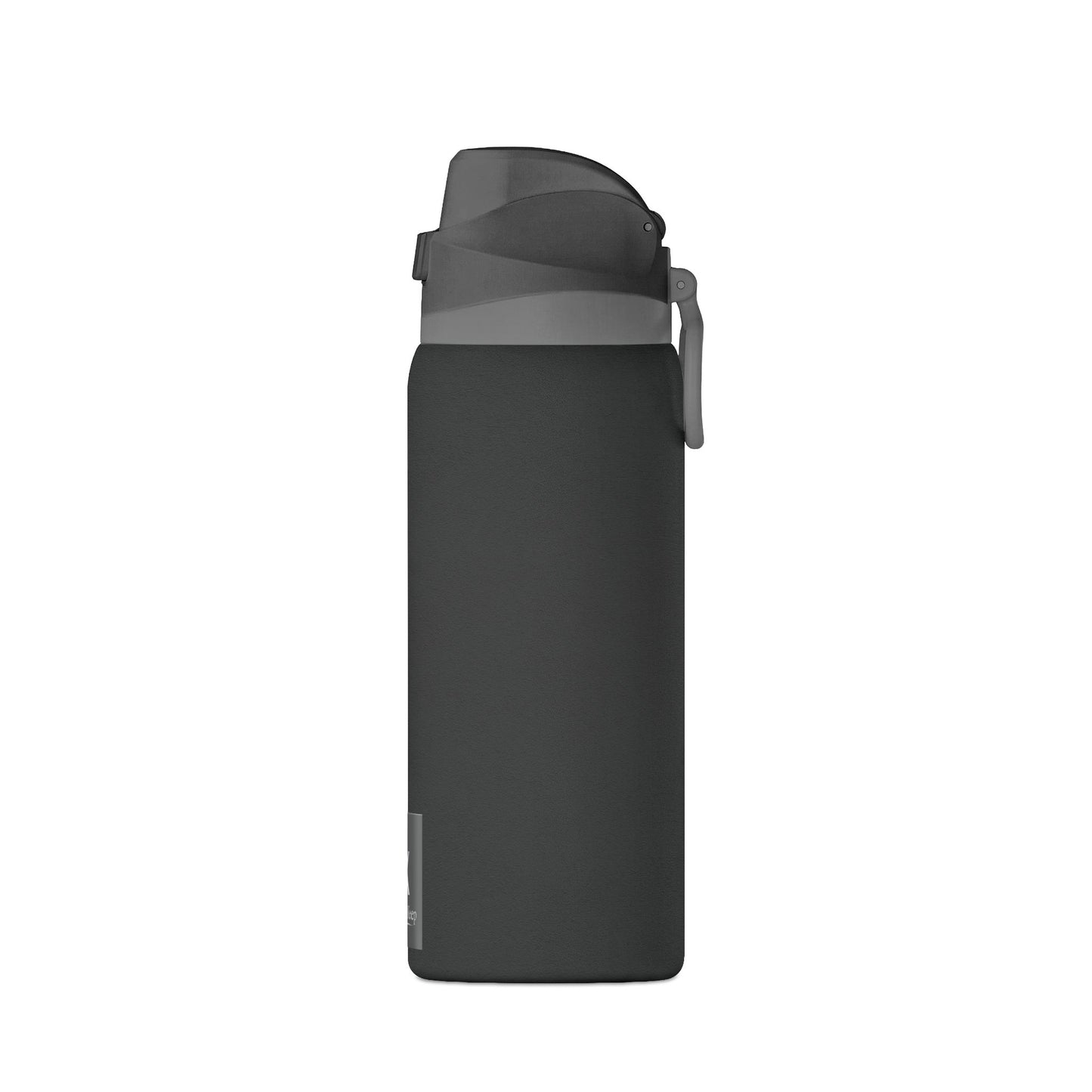 Black water bottle with gray cap on a white background