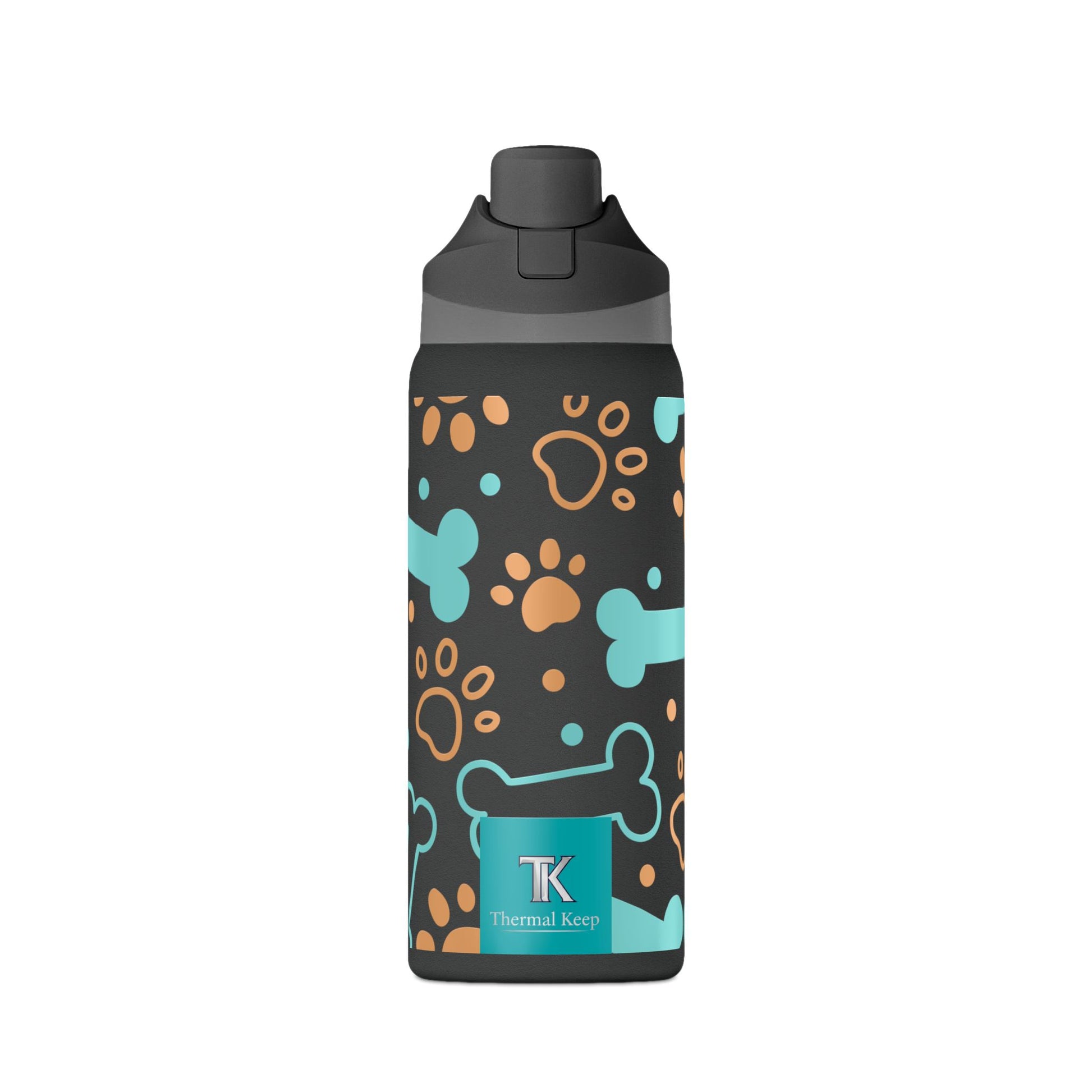 Thermos bottle with dog paw and bone pattern on a white background