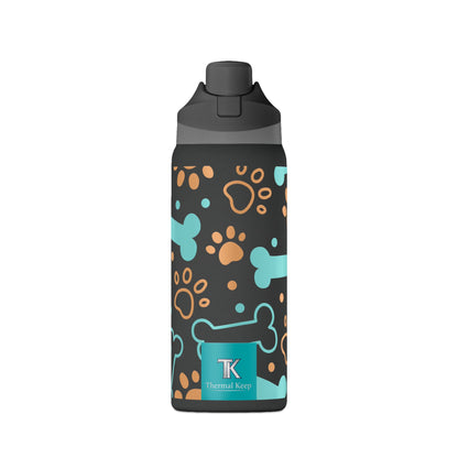 Thermos bottle with dog paw and bone pattern on a white background