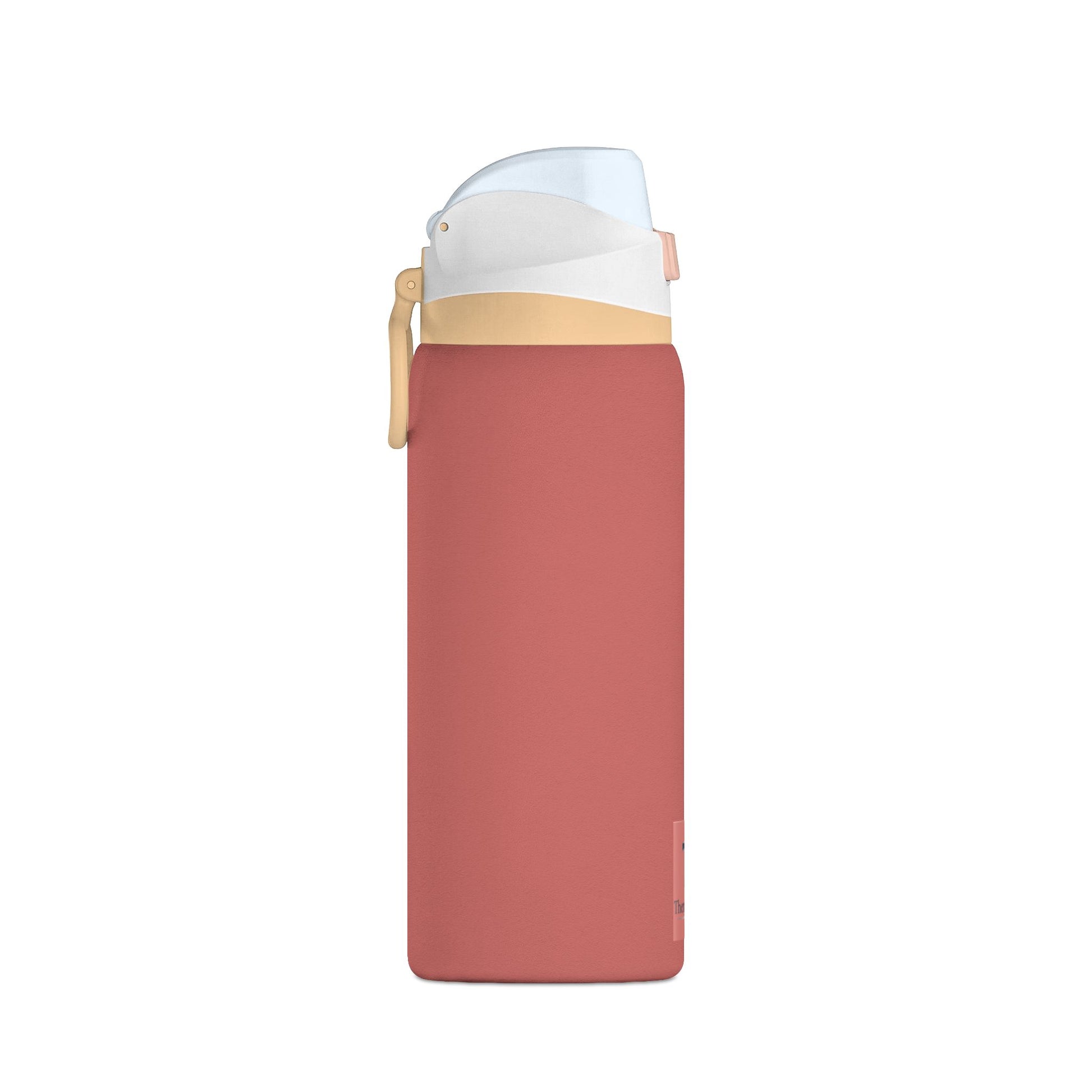 Red thermos bottle with white cap and gold lid on a white background