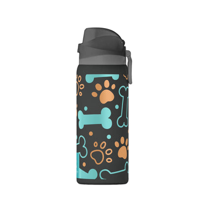 Water bottle with dog-themed design on a white background