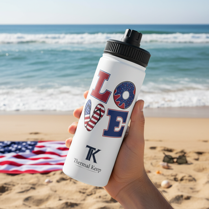 Thermal Keep Patriotic LOVE insulated water bottle at the beach on 4th of July